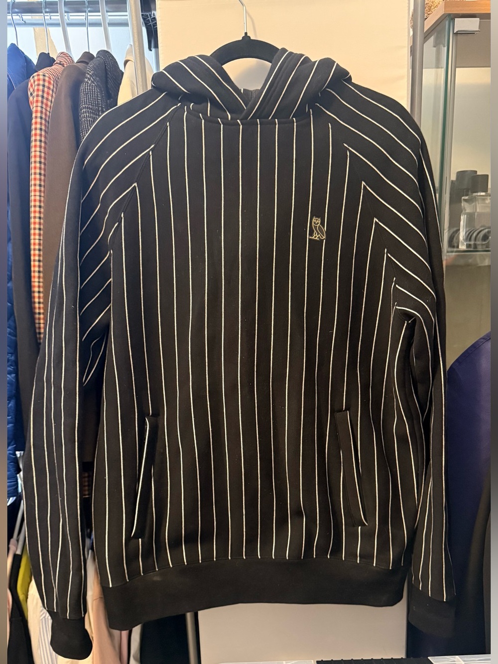 OVO Black Hoodie with White Pinstripes and Owl Logo